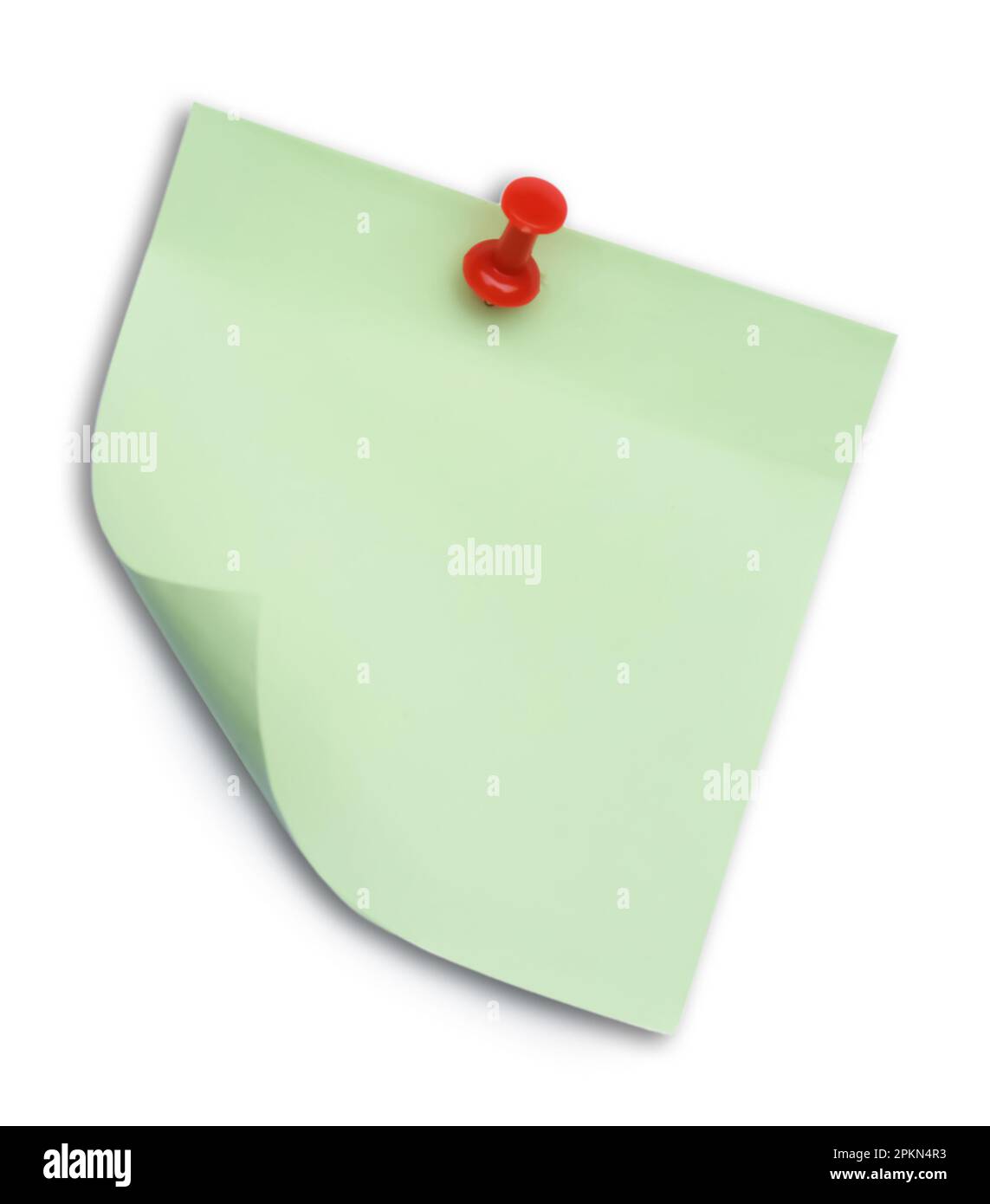 Blank light green note pinned on white background, top view Stock Photo