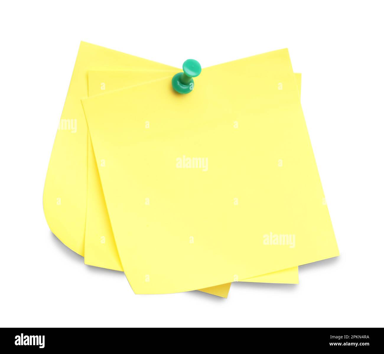 Blank yellow notes pinned on white background, top view Stock Photo