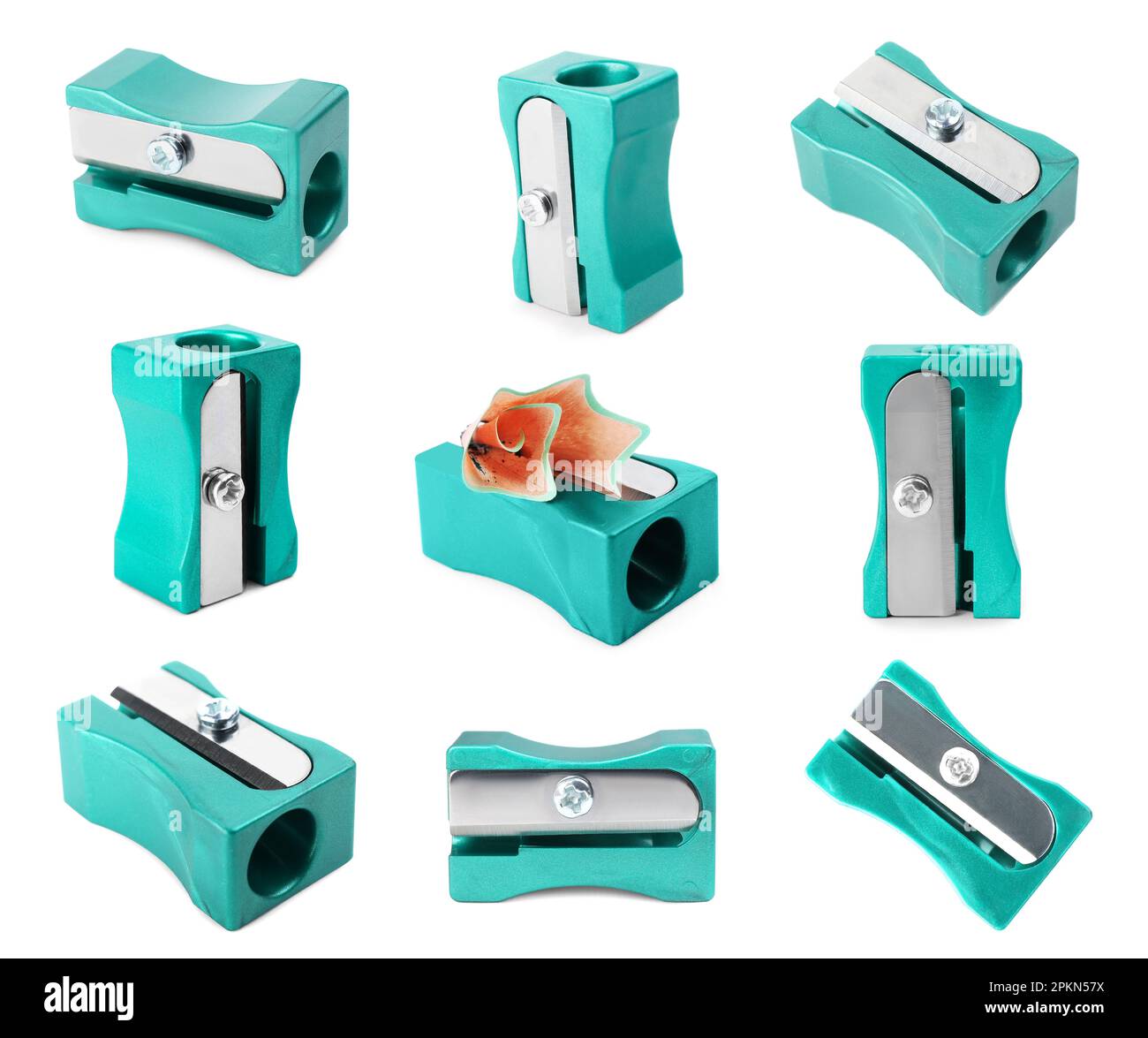 Set with turquoise pencil sharpeners on white background Stock Photo