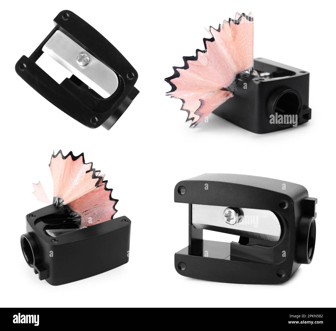 Set with black pencil sharpeners on white background Stock Photo