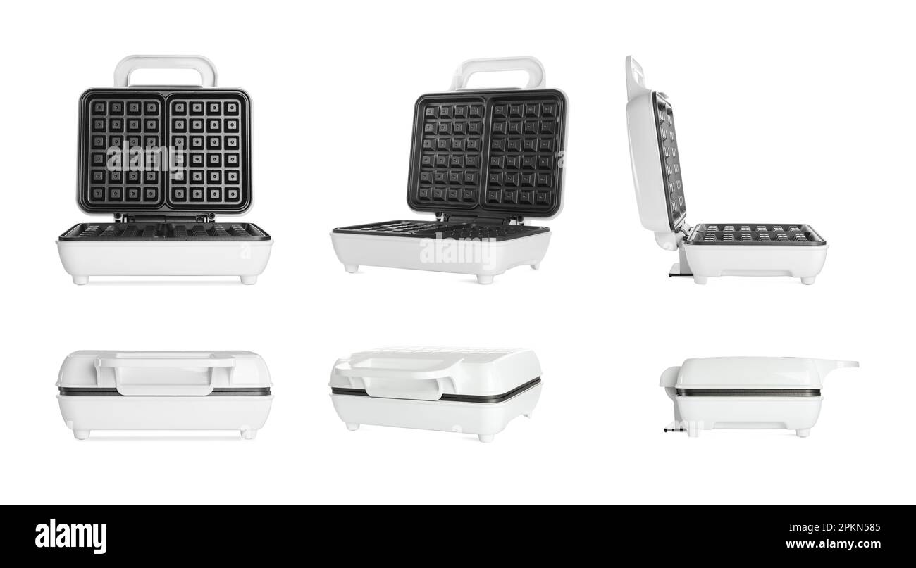 Set with modern electric waffle makers on white background Stock Photo