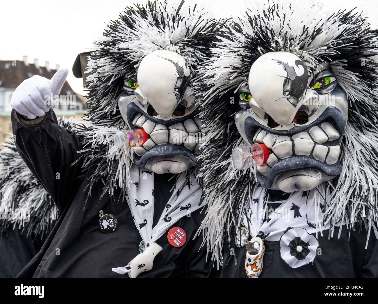 Waggis mask costume walking in the parade at the Basel Fasnacht