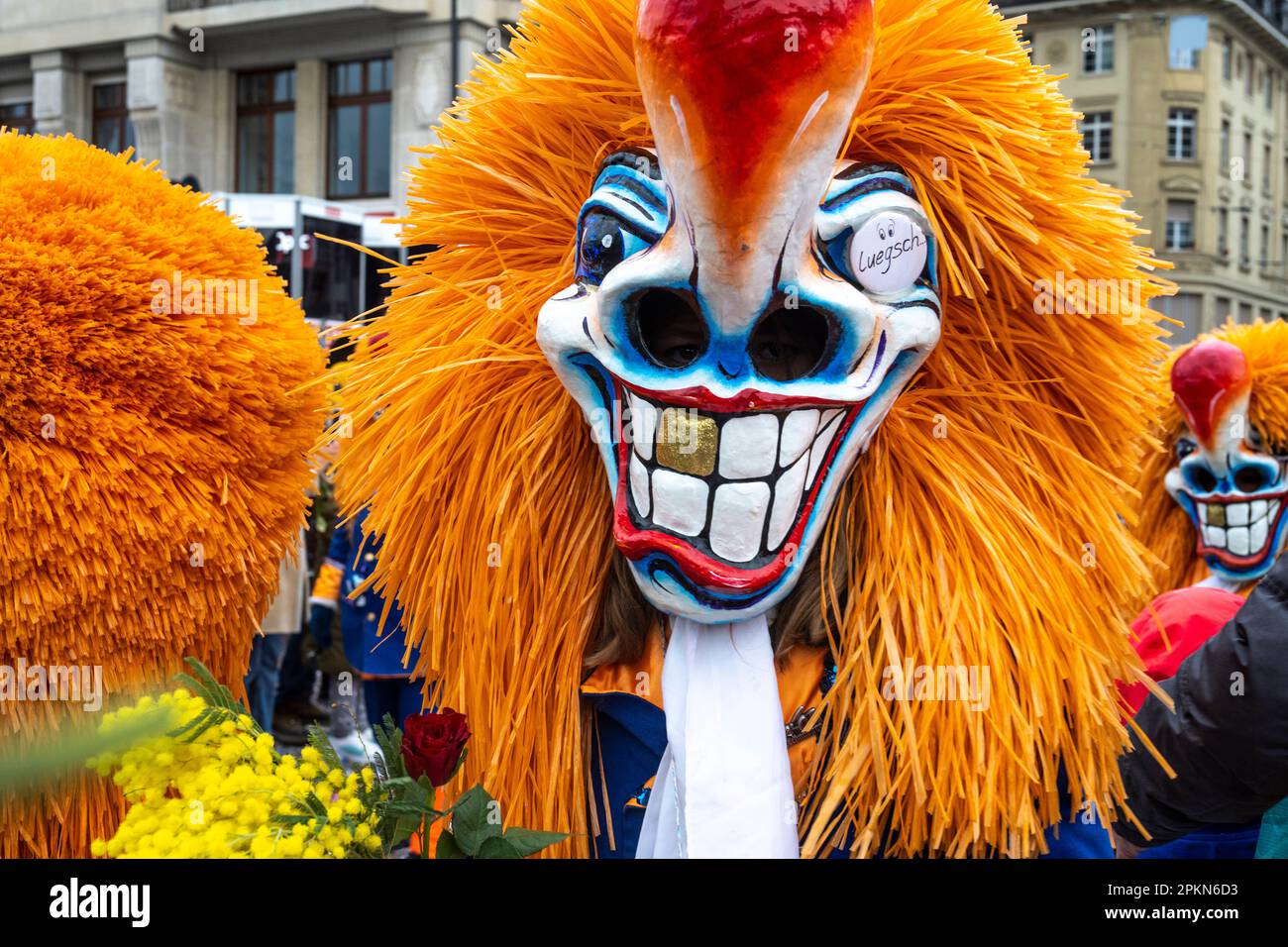 Waggis mask costume walking in the parade at the Basel Fasnacht carnival in Switzerland Stock