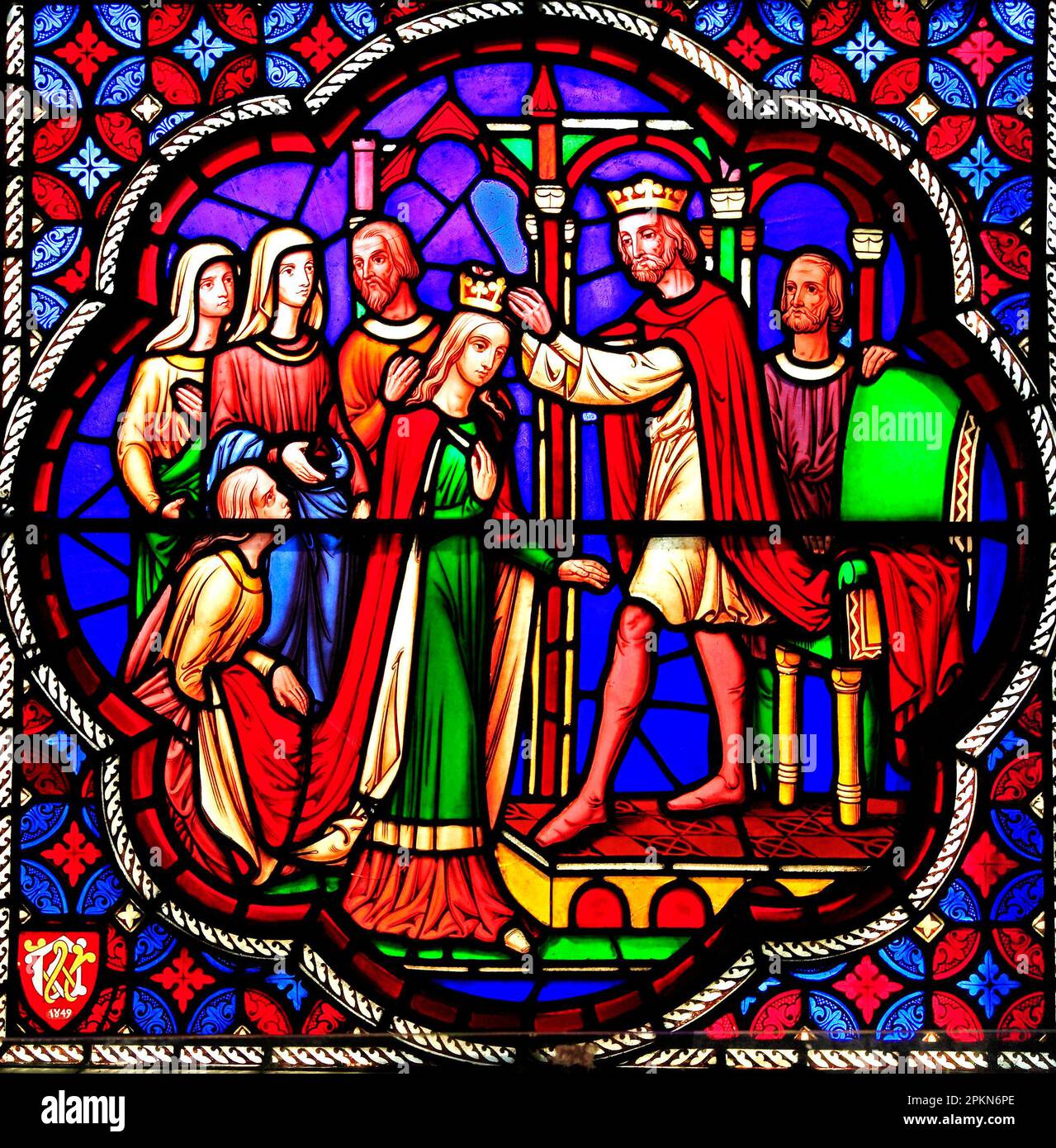 Ely Cathedral, 19th century stained glass window, by Wiliam Wailes, 1849, The Crowning of Esther, by King Xerxes, Cambridgeshire, England, UK Stock Photo