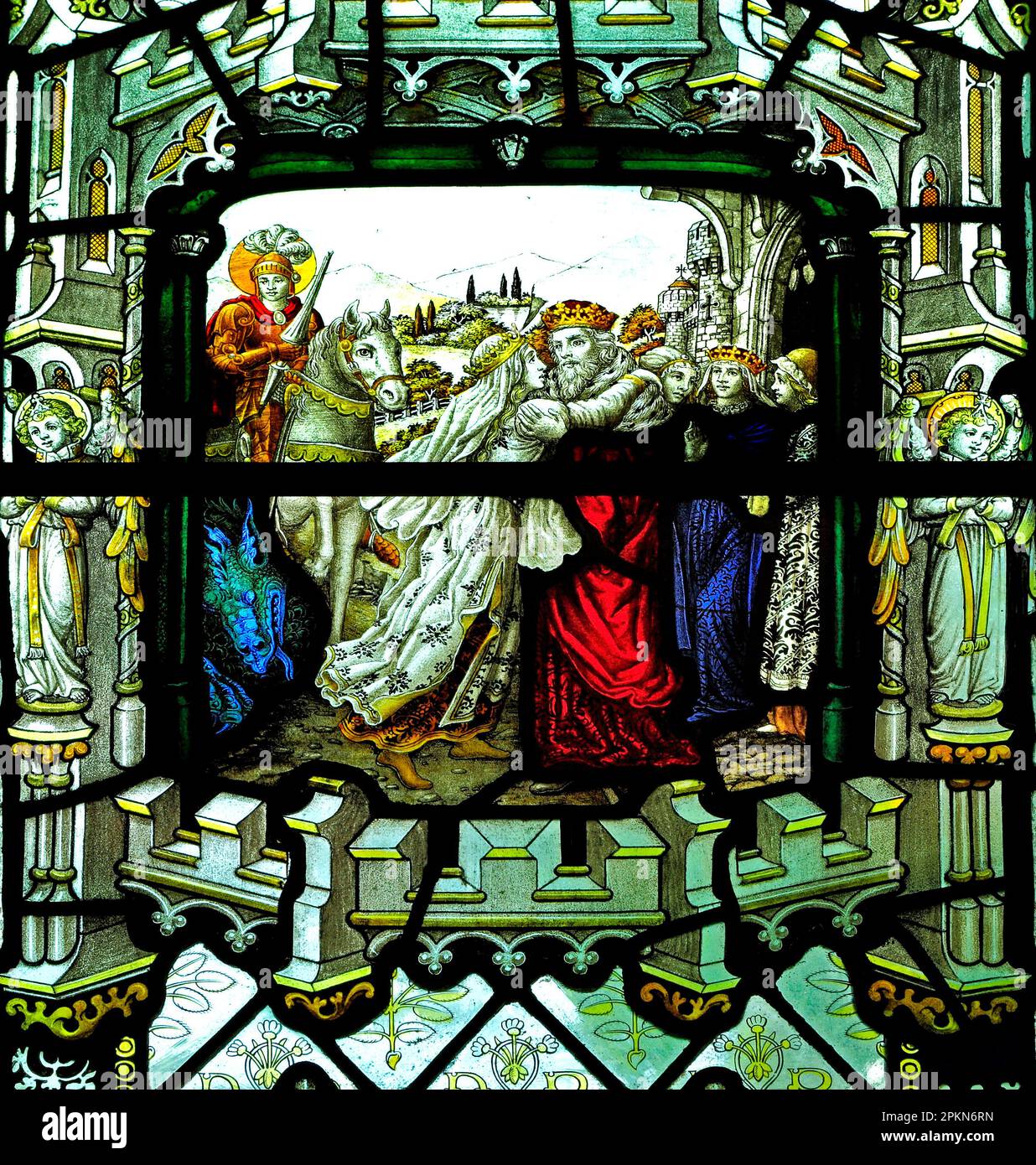 St. George delivers Princess Sabra to her father, 19th century stained glass window, Sandringham parish church, Norfolk, England, UK Stock Photo