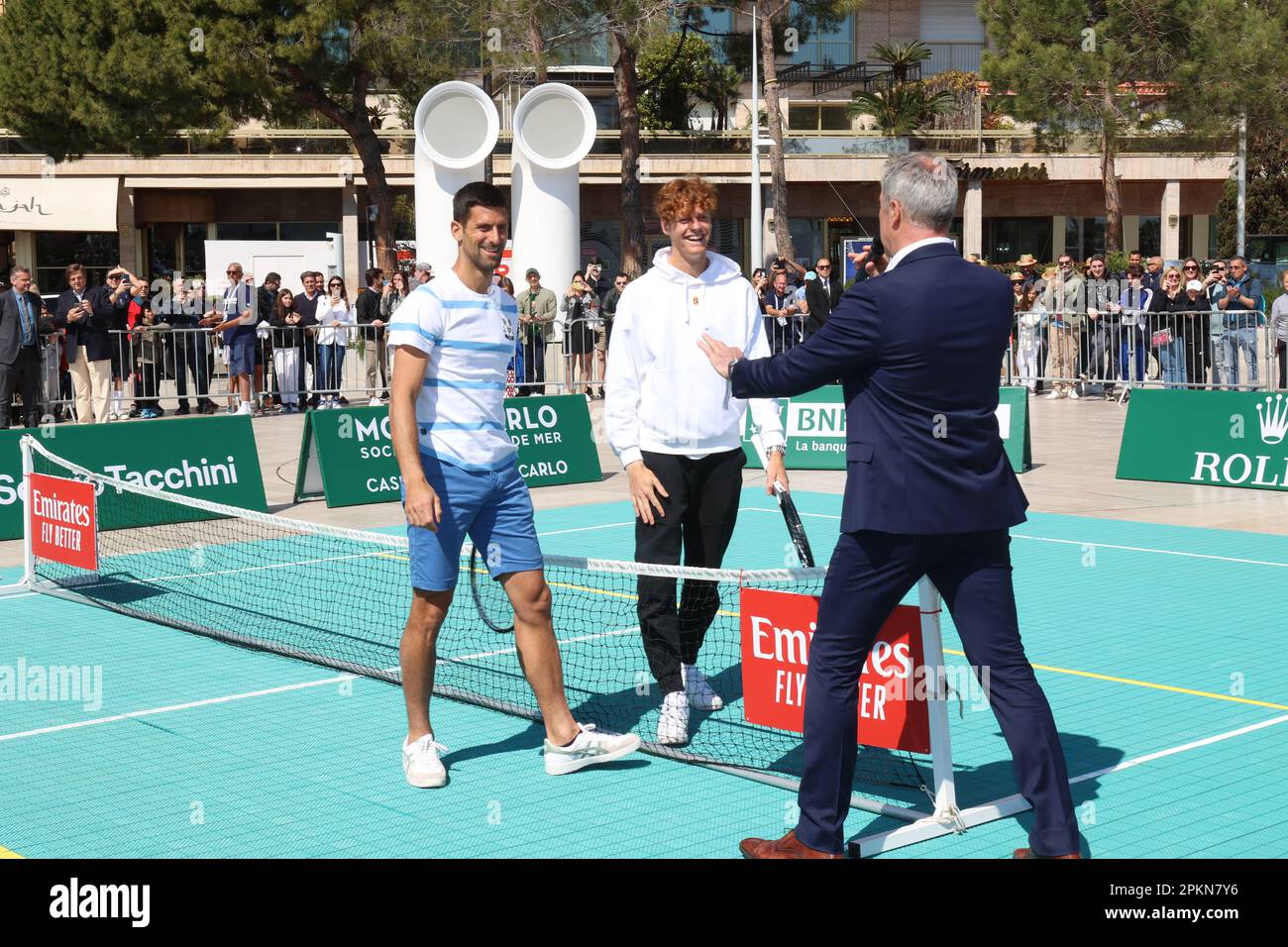 Monaco, Monaco. 08th Apr, 2023. MONACO, Monte Carlo - APRIL 08: Novak  Djokovic with Jannik Sinner, Exhibition event before the Tournament at the  Grimaldi Forum, Monaco, Saturday April 08 2023 in MONACO