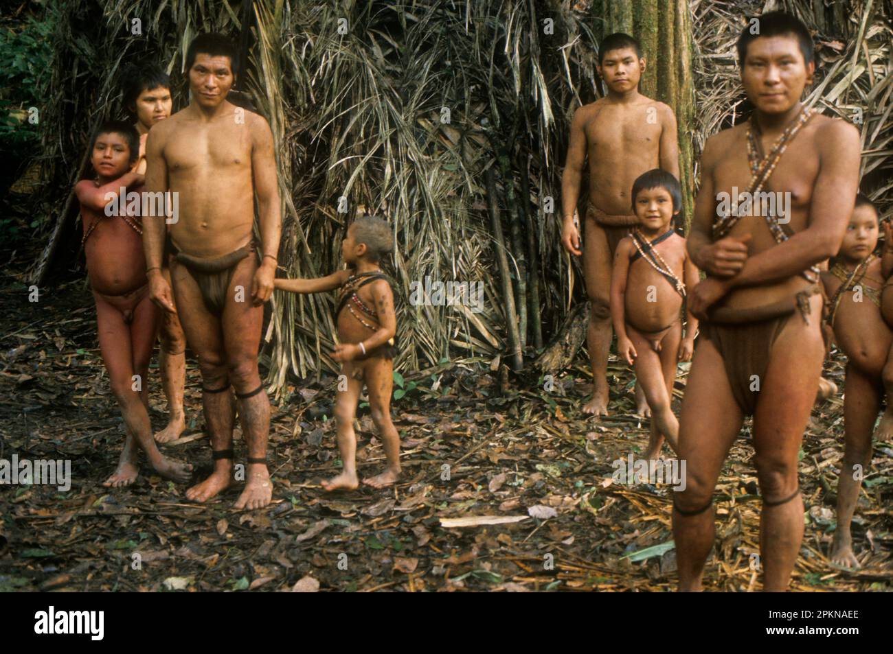South America, Venezuela, southern Bolívar and northern Amazonas States: Group of Indigenous people of Hoti ethnic group (also called Hotï or Jodi). The Hoti live in the rainforest Stock Photo
