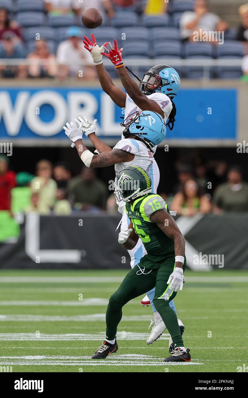 April 8, 2023: Arlington Renegades defensive back JOE POWELL (4) jumps for an interception during the Orlando Guardians vs Arlington Renegades XFL game at Camping World Stadium in Orlando, Fl on April 8, 2023. (Credit Image: © Cory Knowlton/ZUMA Press Wire) EDITORIAL USAGE ONLY! Not for Commercial USAGE! Stock Photo