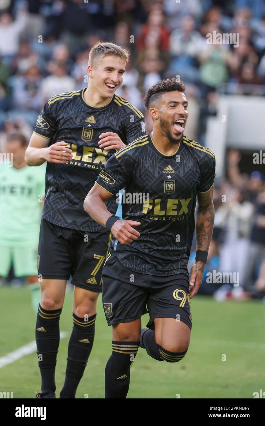 Los Angeles, California, USA. 8th Apr, 2023. Los Angeles FC forwards Denis  Bouanga (99) celebrates with Stipe Biuk (7) after scoring against the  Austin FC during an MLS soccer match at BMO