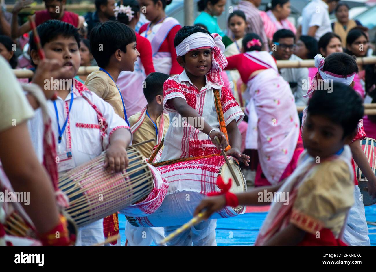 Guwahati, Assam, India. 8th Apr 2023. Children playing Dhol (Drum) as