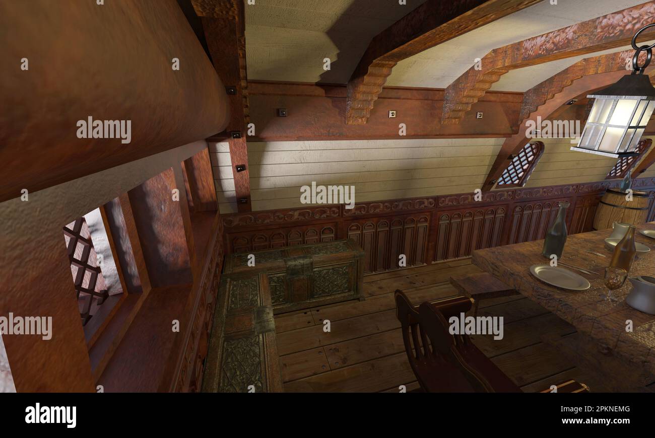 3D illustration old pirate ship cabin interior Stock Photo - Alamy