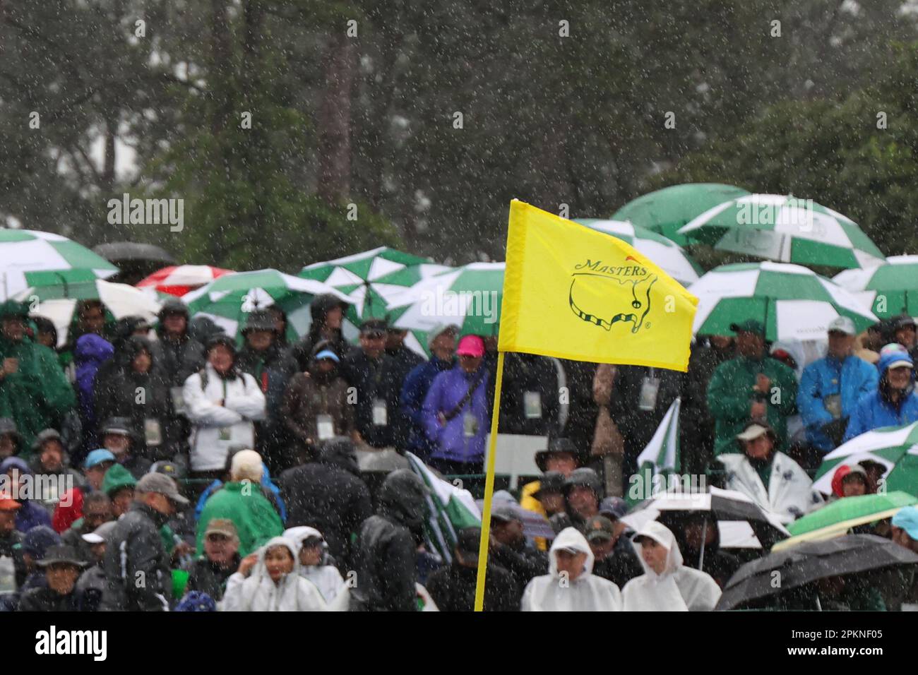 General view of a Masters flag - General View Of A Masters Flag In Rain During The Day 3 Of The 2023 Masters Golf Tournament At The Augusta National Golf Club In Augusta Georgia United States On April 8 2023 Credit Koji Aokiaflo Sportalamy Live News 2PKNF05