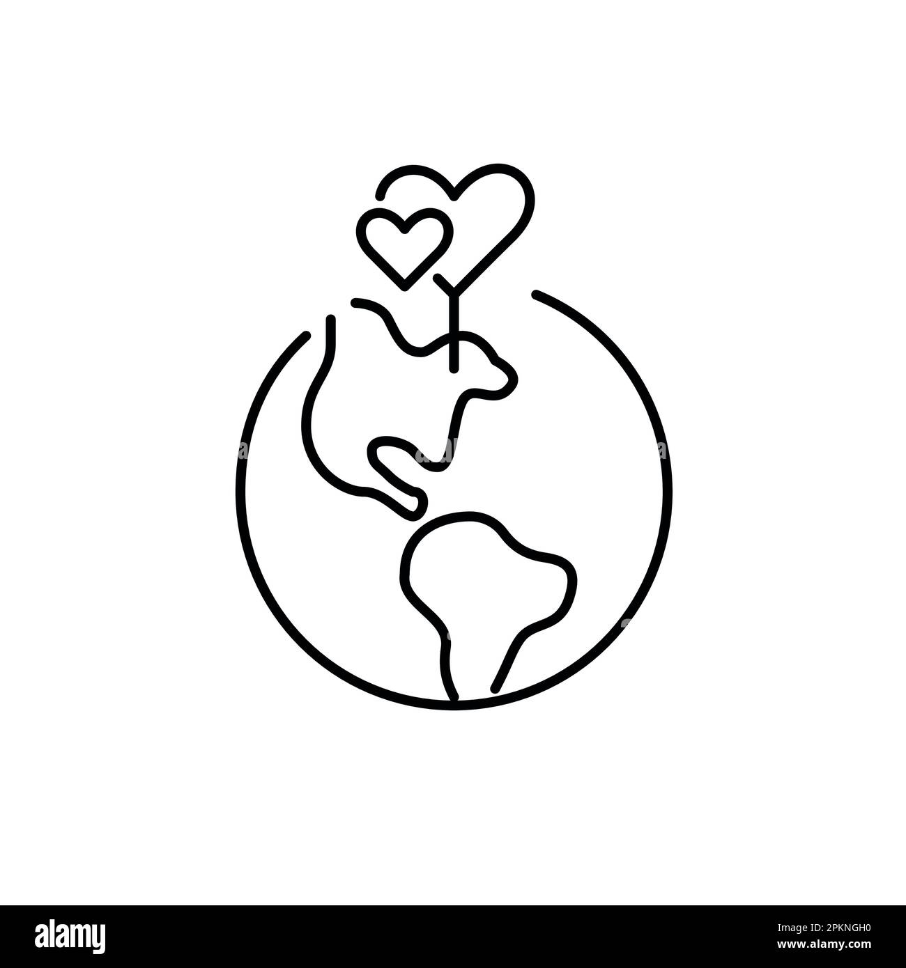 Two hearts intertwined. Map pointer on Earth. Finding match on global level. Pixel perfect, editable stroke line icon Stock Vector