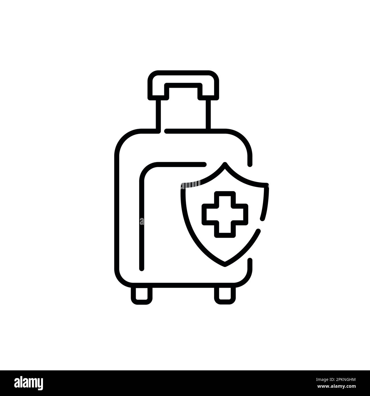 Travel insurance. Wheeler suitcase for airplane trip. Pixel perfect