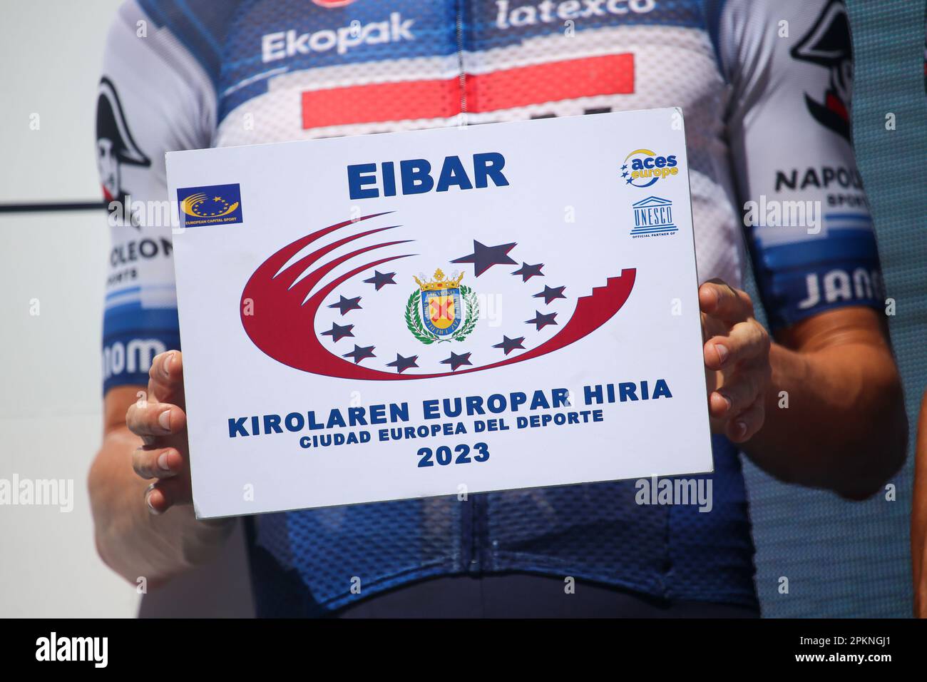 Eibar, Euskadi, Spain. 8th Apr, 2023. Eibar, Spain, April 08th, 2023: The advertising poster of Eibar, European city of sport 2023 during the 6th Stage of the Itzulia Basque Country 2023 with start and finish line in Eibar, on April 08, 2023, in Eibar, Spain (Credit Image: © Alberto Brevers/Pacific Press via ZUMA Press Wire) EDITORIAL USAGE ONLY! Not for Commercial USAGE! Stock Photo