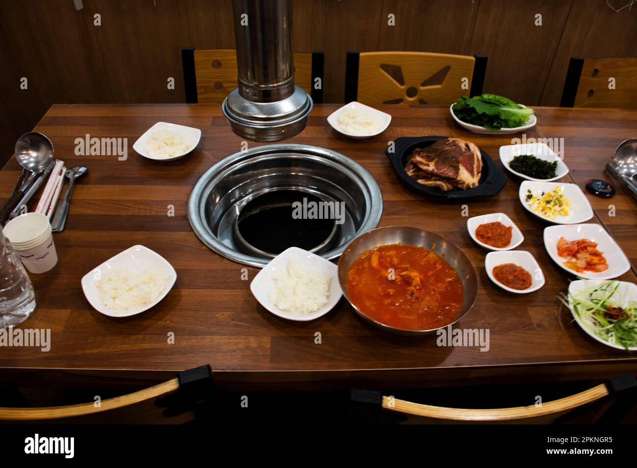Local traditional korean gourmet food black pig of Jeju Island for grilled roasted barbecue pork and seasoning side dish for korean people taste eat d Stock Photo