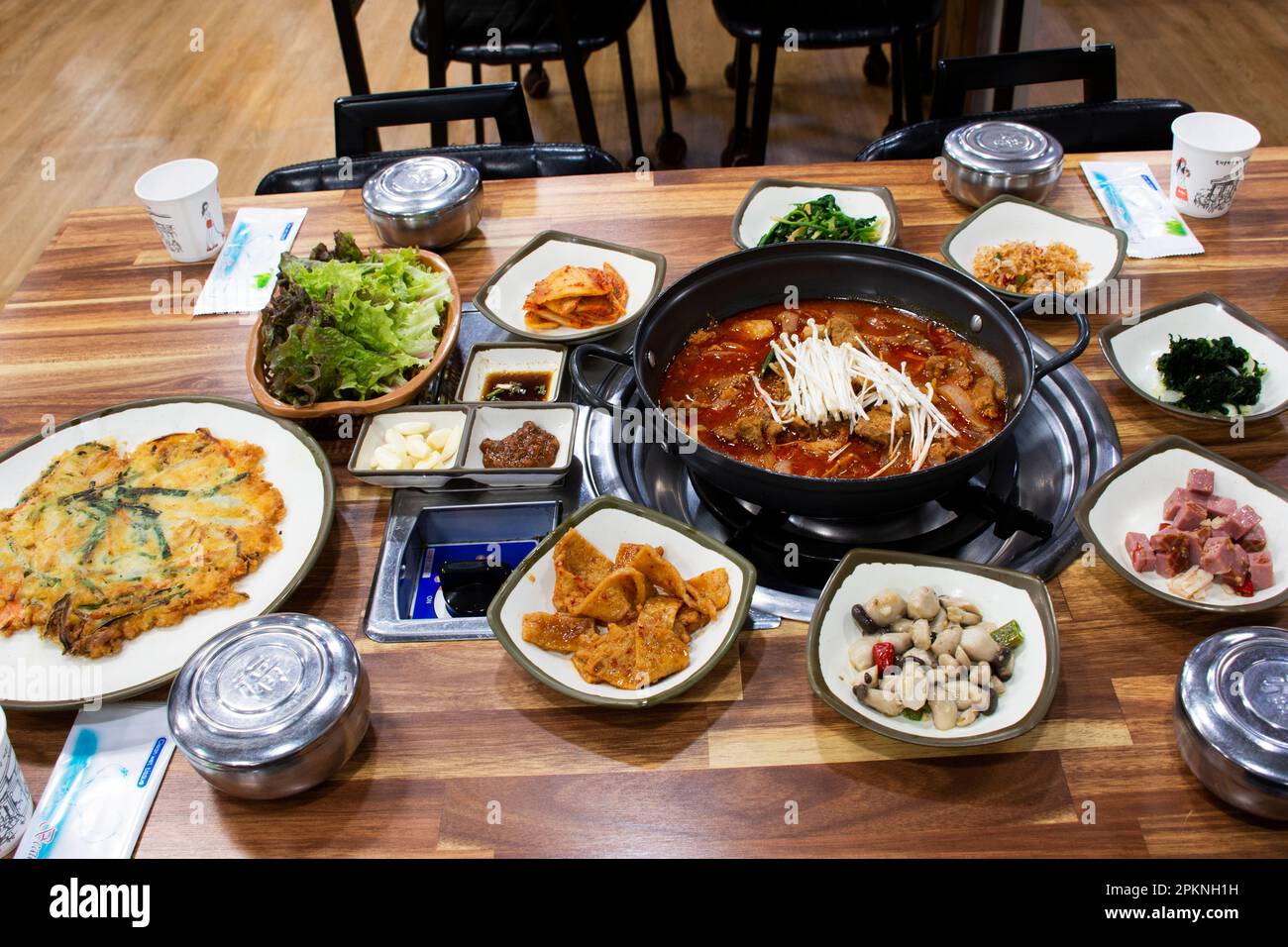 Local traditional korean gourmet food set budae jjigae spicy sausage