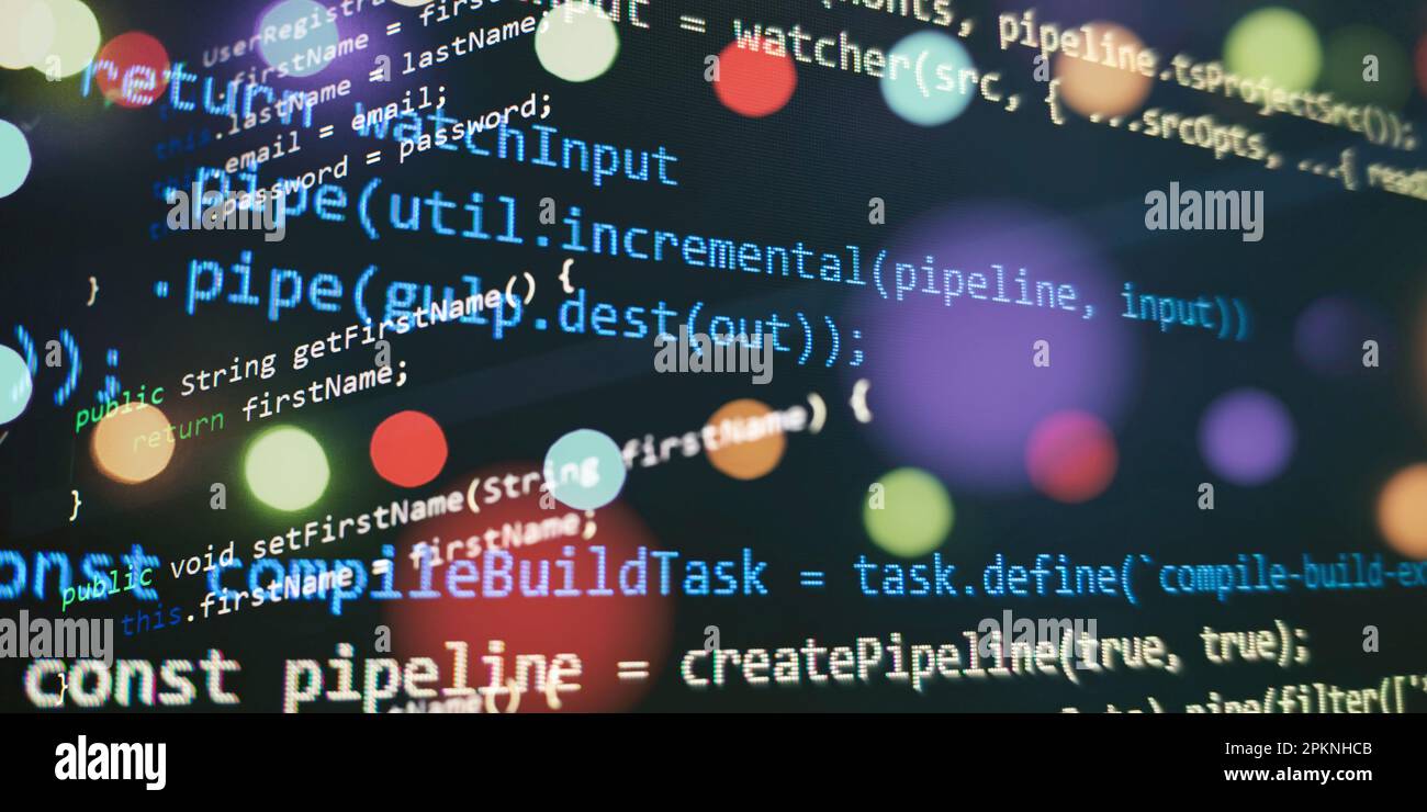 Closeup developing programming and coding technologies. Developer working on web sites codes in office. Technology background. Stock Photo