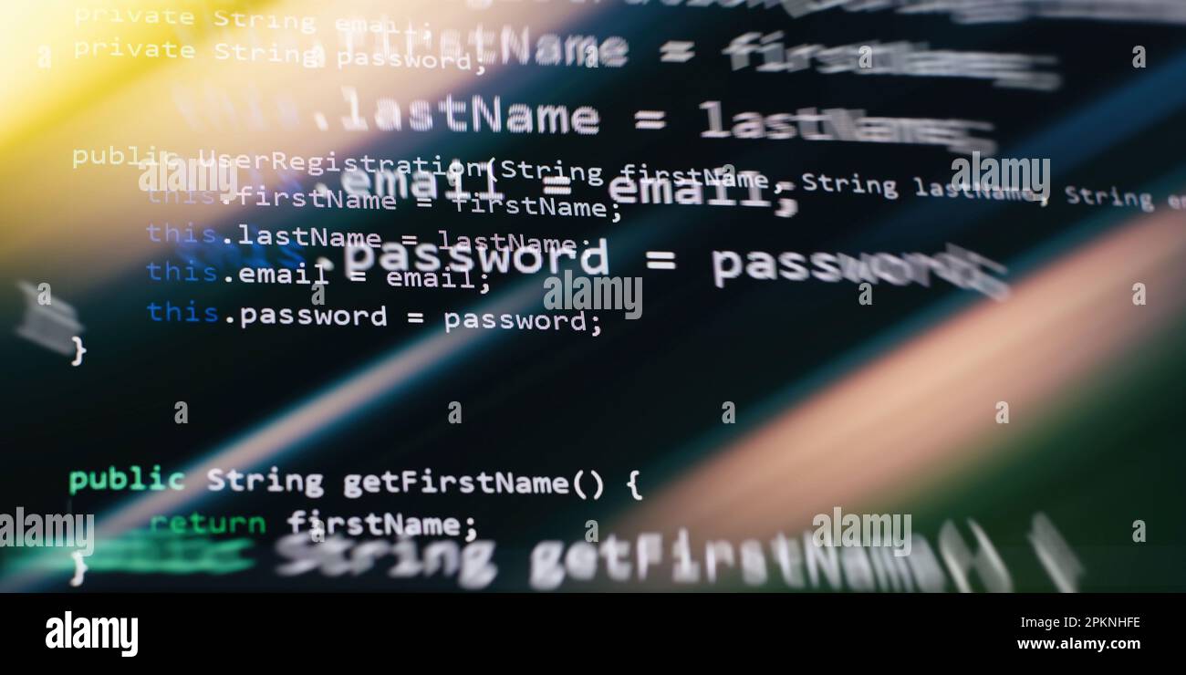 Closeup developing programming and coding technologies. Developer working on web sites codes in office. Technology background. Stock Photo