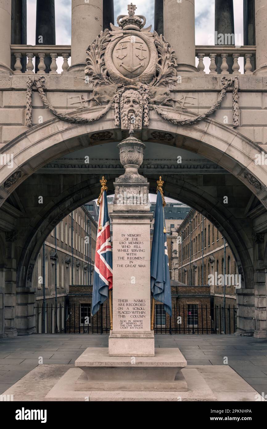 Designed by Sir Edwin Lutyens and unveiled in 1924, The Civil Service Rifles War Memorial is a Portland Stone column located on the riverside terrace Stock Photo