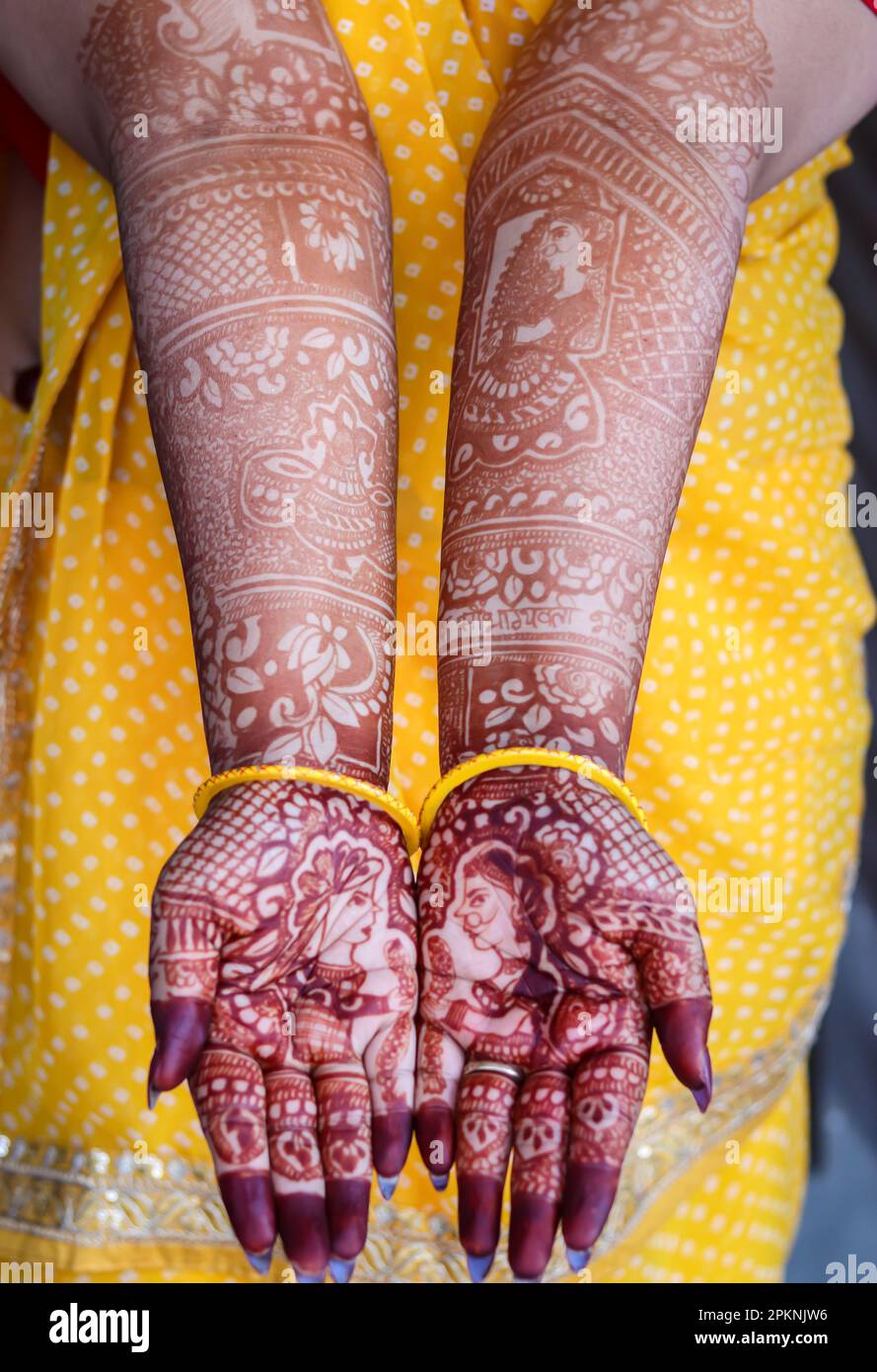 hand decorated with amazing henna tattoo or mehndi art from flat angle 2PKNJW6