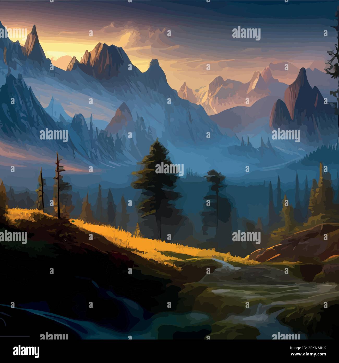 Incredible mountain landscape with forest and river. Vector