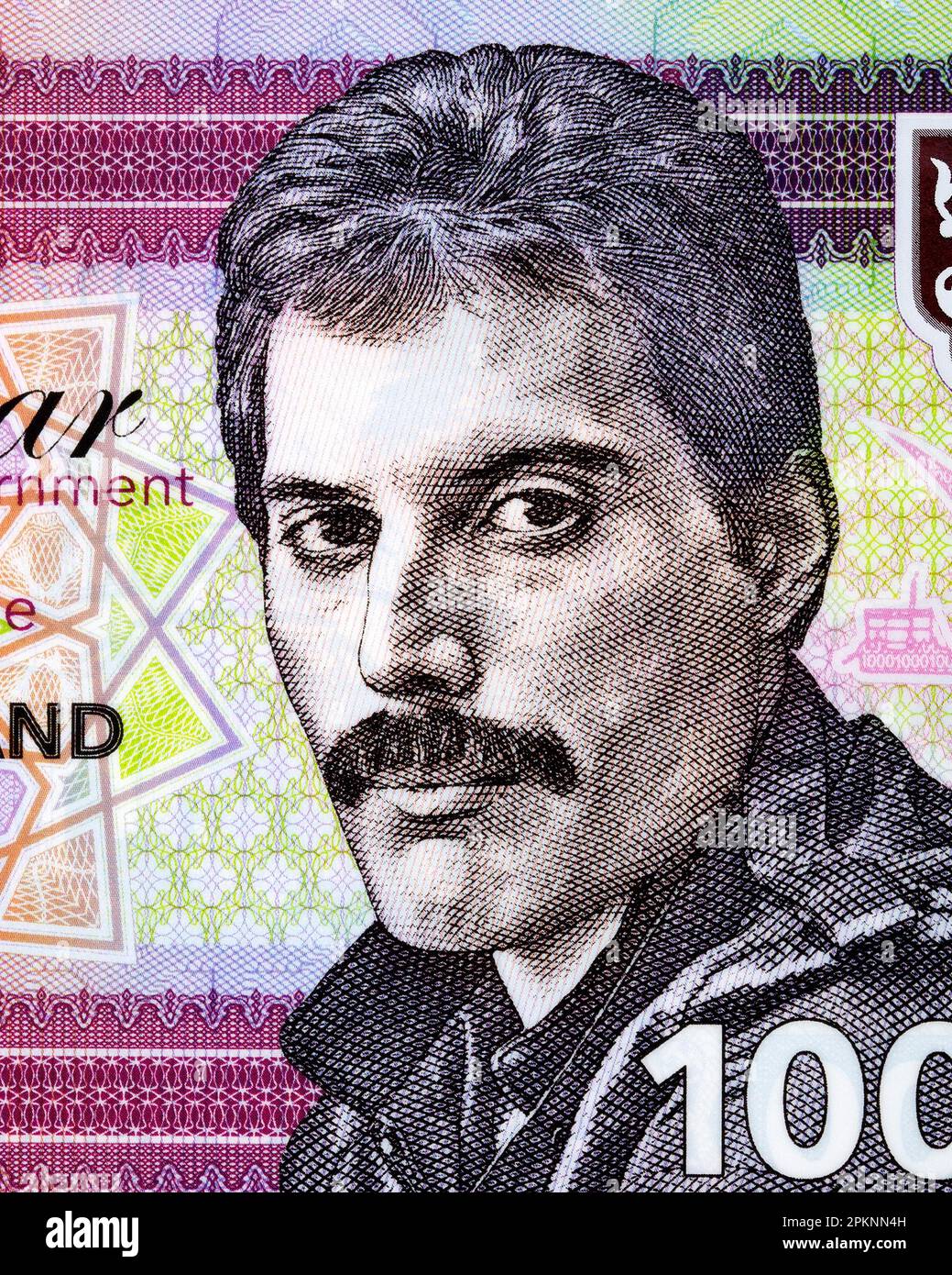 Freddie Mercury a portrait from Zanzibari money Stock Photo