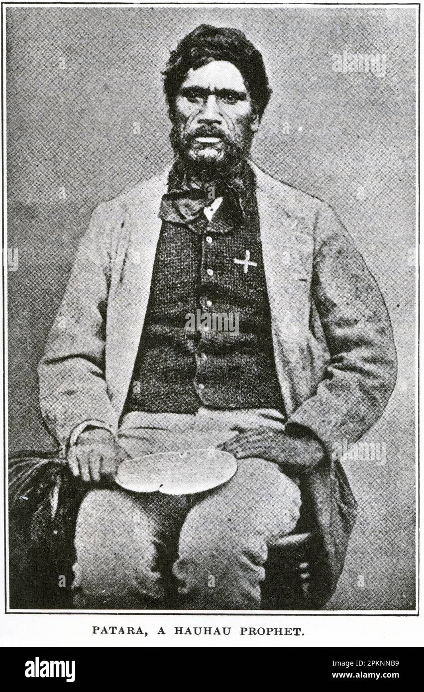 Portrait of Patara, a Maori Houhou prophet during the Taranaki land wars off the 1860s in New Zealand. He is holding a traditional Maori weapon, the mere, used as a club. Stock Photo