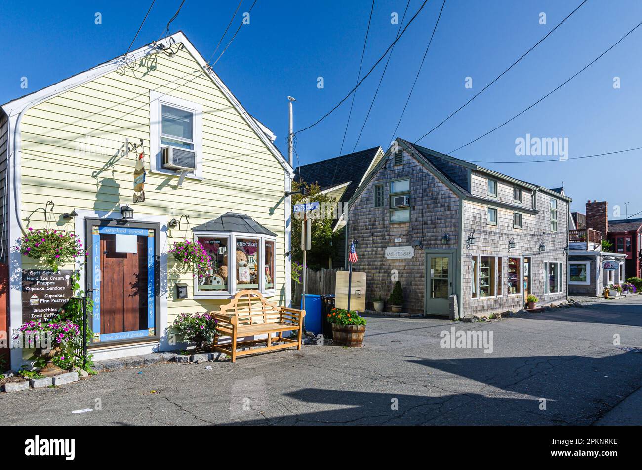 Small shops on Bearskin Neck in Rockport, an idyllic fishing village on