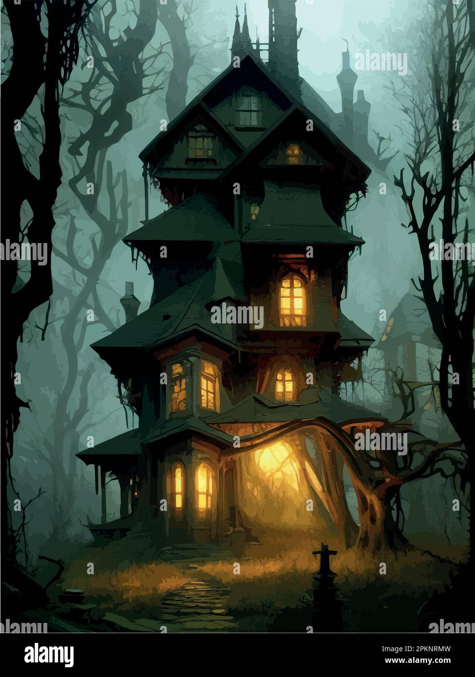 Creepy haunted house with weathered, vintage look for Halloween and other  spooky occasions. In a dark forest lit by the moon, light from the windows,  vector illustration Stock Vector Image & Art -