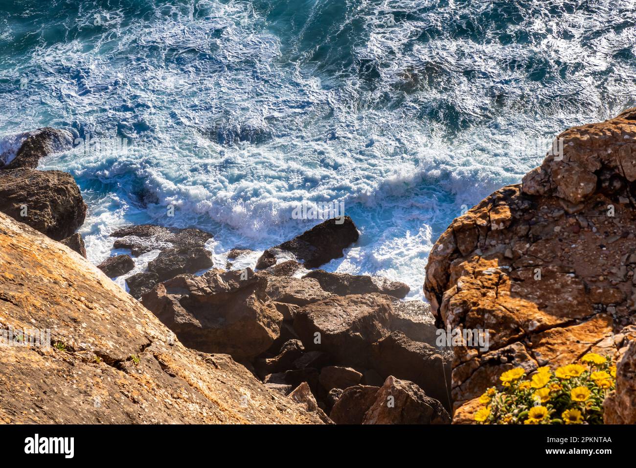 Waves crash against a rugged shoreline with dangerous force, creating hazardous swirls and flows in the waters below, with flowers adding color. Stock Photo