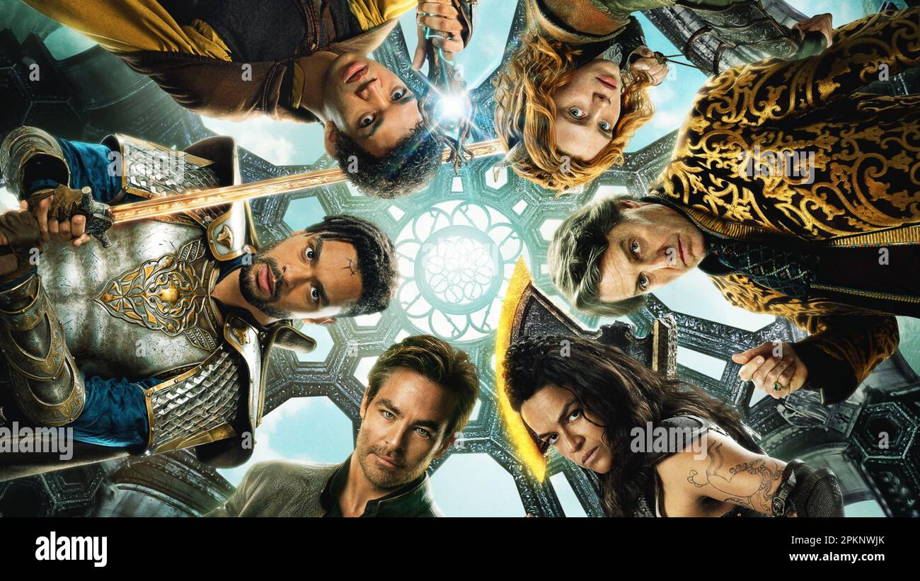 HUGH GRANT, MICHELLE RODRIGUEZ, CHRIS PINE, JUSTICE SMITH, SOPHIA LILLIS and REGE-JEAN PAGE in DUNGEONS & DRAGONS: HONOR AMONG THIEVES (2023), directed by JOHN FRANCIS DALEY and JONATHAN M. GOLDSTEIN. Credit: PARAMOUNT PICTURES / Album Stock Photo