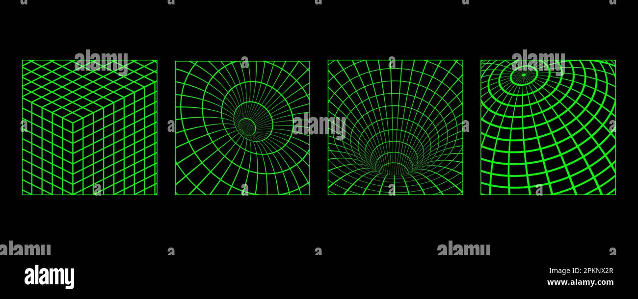 3D wireframe posters with geometric shapes and grids in trendy retro ...