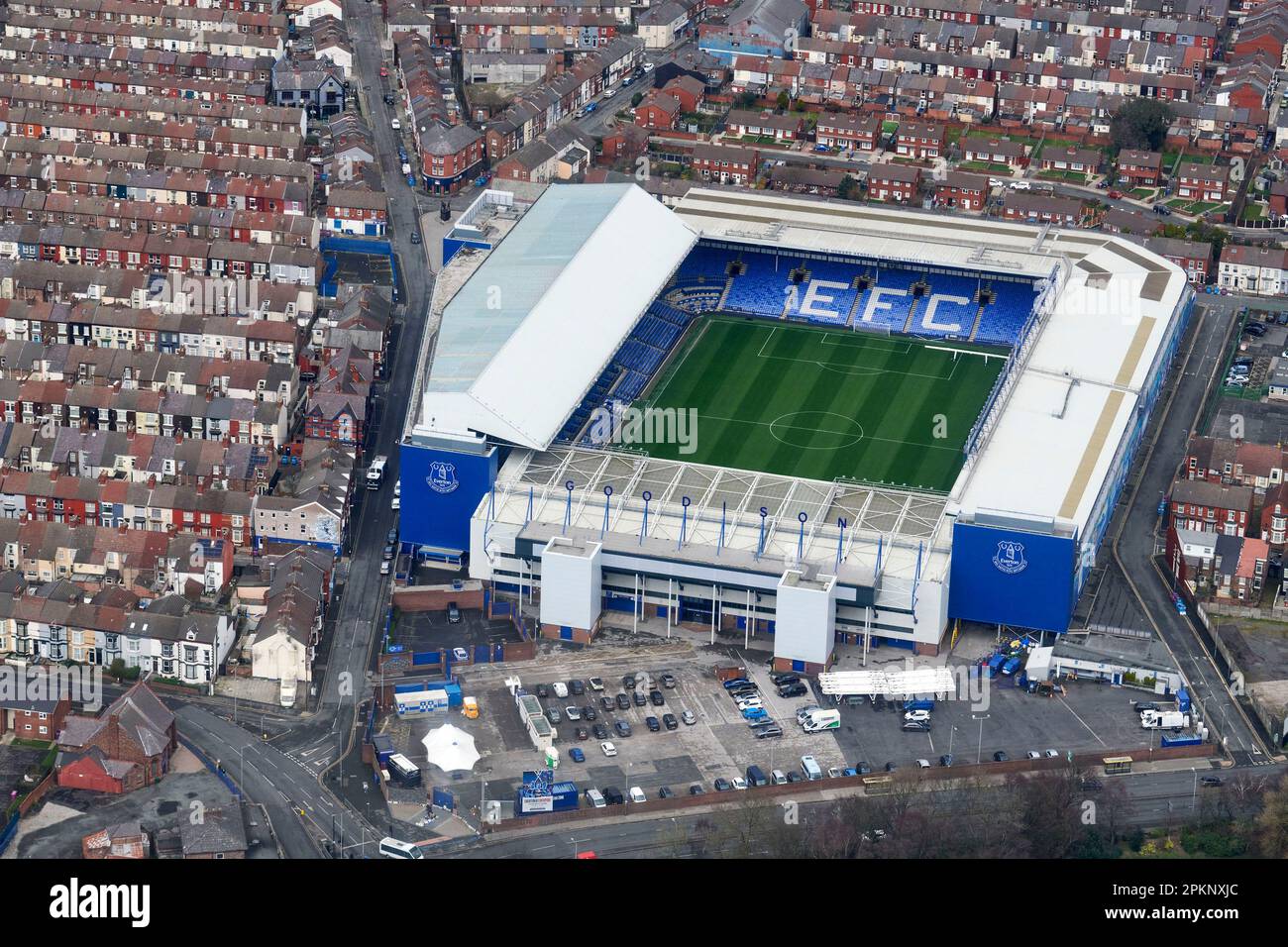 Everton Football Club, Goodison park, Liverpool, North West England, from the air Stock Photo