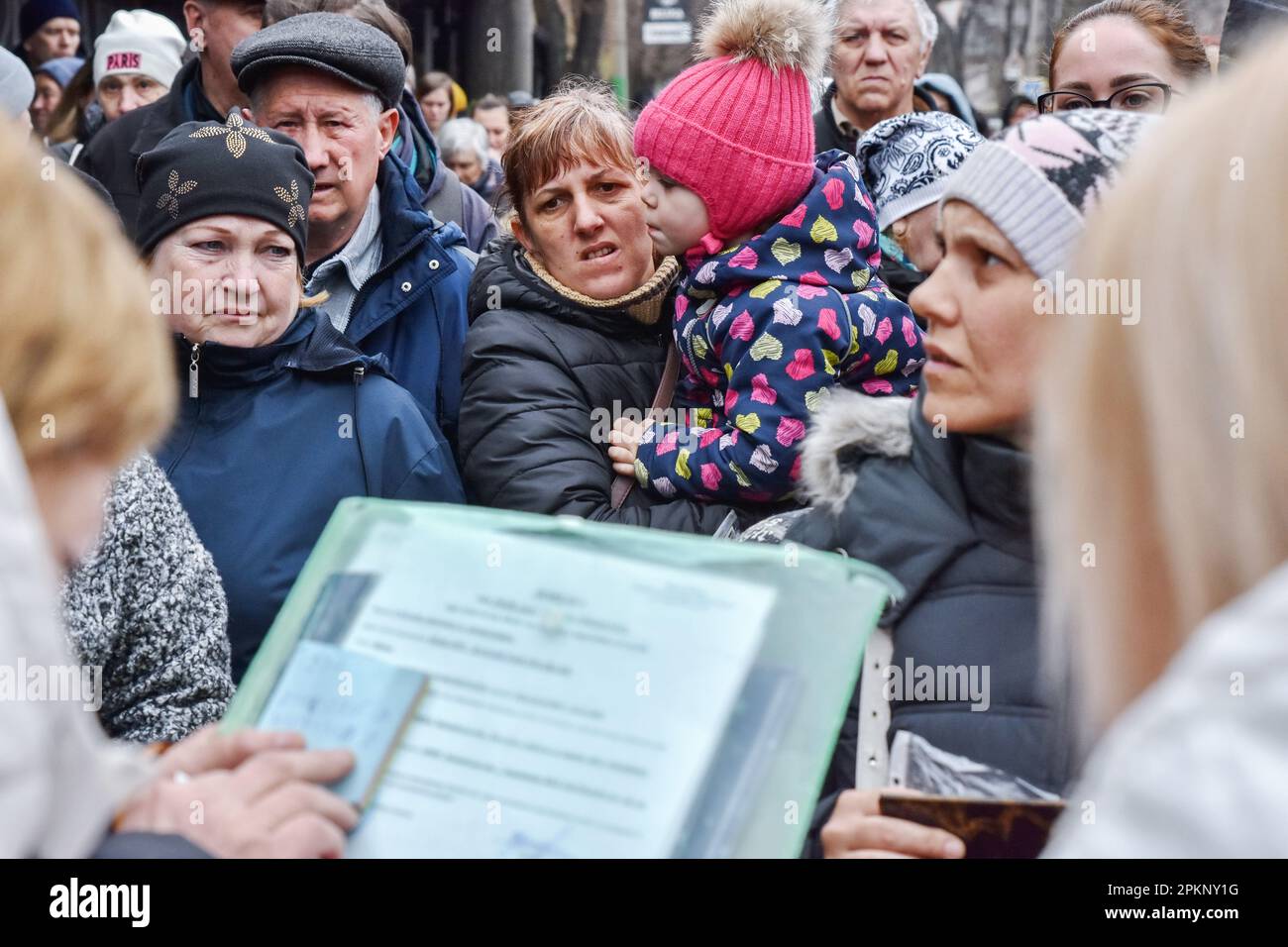 People wait for food at a humanitarian aid point in Zaporizhzhia. Russia's invasion of Ukraine, which started on 24 February, has caused widespread death, destruction, displacement, and suffering, and left at least 17.6 million people in urgent need of humanitarian assistance and protection. They include 6.3 million internally displaced people (IDPs), 6.9 million people who remain at their homes, and 4.4 million returnees. The highest severity of needs is among people living in areas not under the Government of Ukraine's control and areas directly affected by active hostilities. Stock Photo