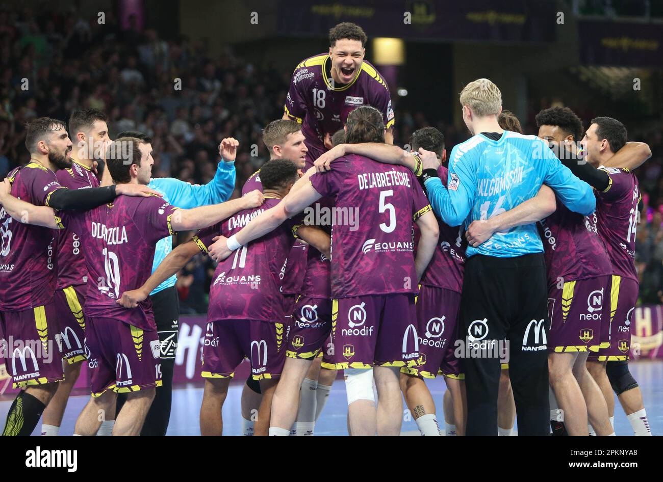 Nantes, France. 08th Apr, 2023. Celebration Victory HBC Nantes during the  French championship, Liqui Molly Starligue handball match between HBC  Nantes and Montpellier Handball on April 8, 2023 at H Arena in