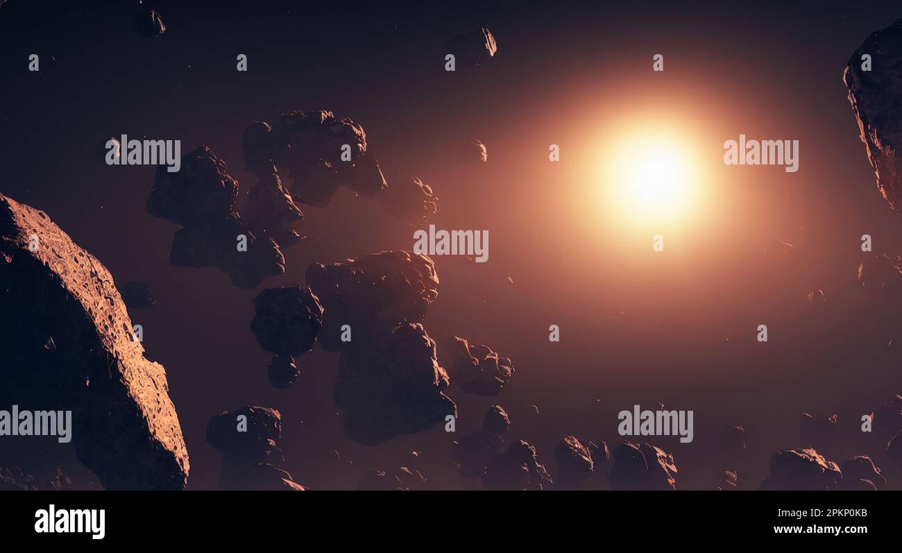 Asteroids in far asteroid belt orbiting the sun in solar system Stock