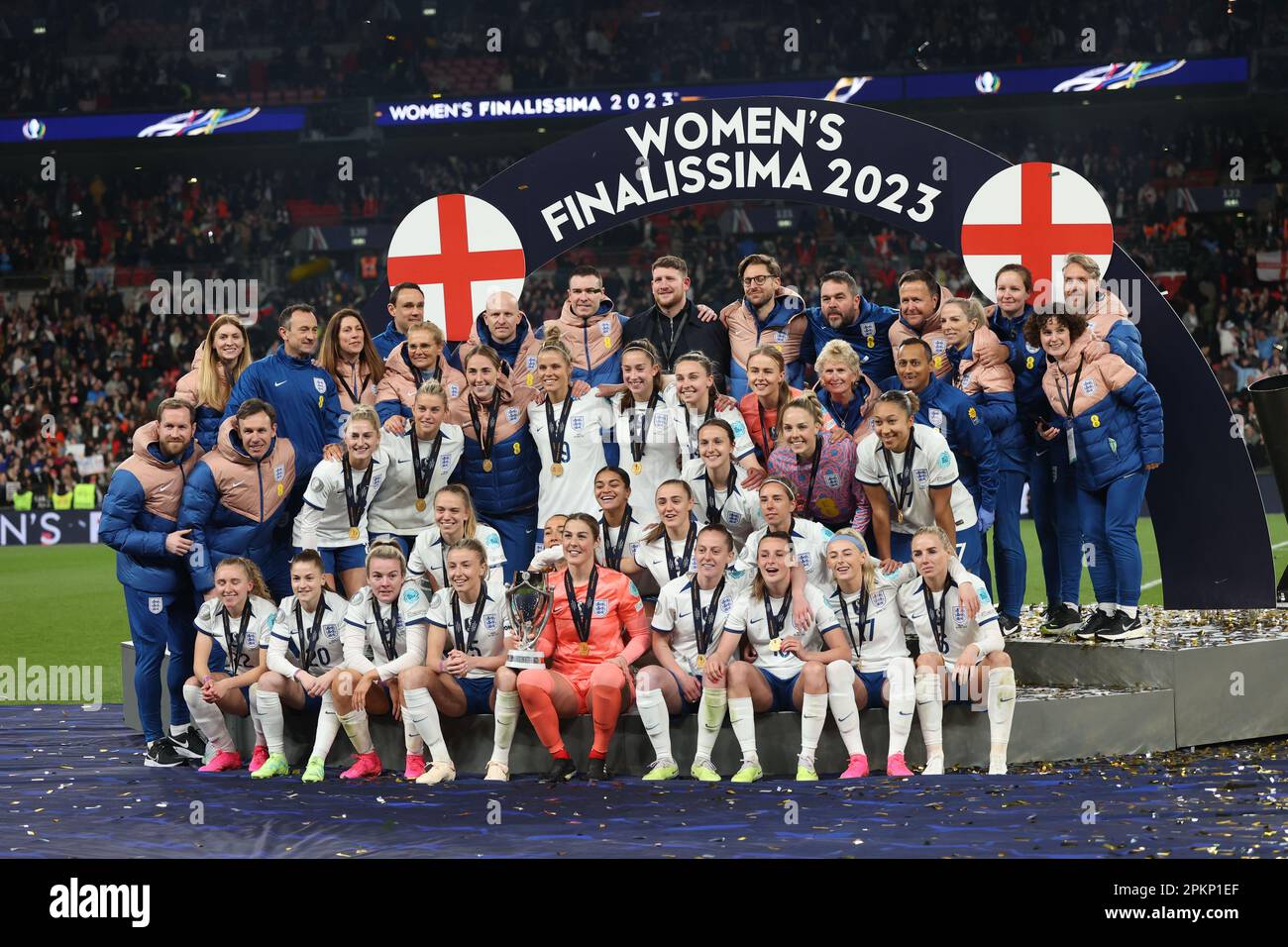 The England team celebrate at the England v Brazil UEFA Women's Finalissima 2023 match at Wembley Stadium, London, UK on 6th April, 2023. Stock Photo