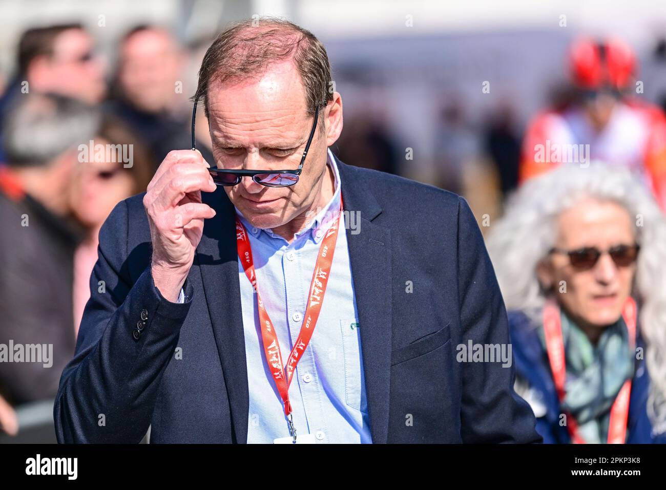 Roubaix, France. 09th Apr, 2023. Christian Prudhomme, cycling director of ASO (Amaury Sport Organisation) pictured at the start of the men's elite race of the 'Paris-Roubaix' cycling event, 256,6km from Compiegne to Roubaix, France on Sunday 09 April 2023. BELGA PHOTO DIRK WAEM Credit: Belga News Agency/Alamy Live News Stock Photo