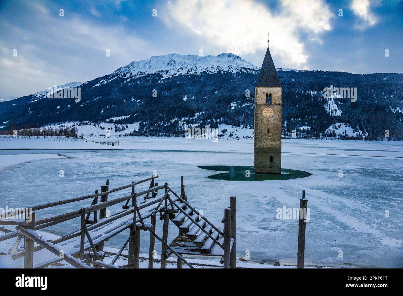 Church tower in Lake Reschen, Graun, Reschen Pass, Vinschgau, South Tyrol, Italy, Europe Stock Photo
