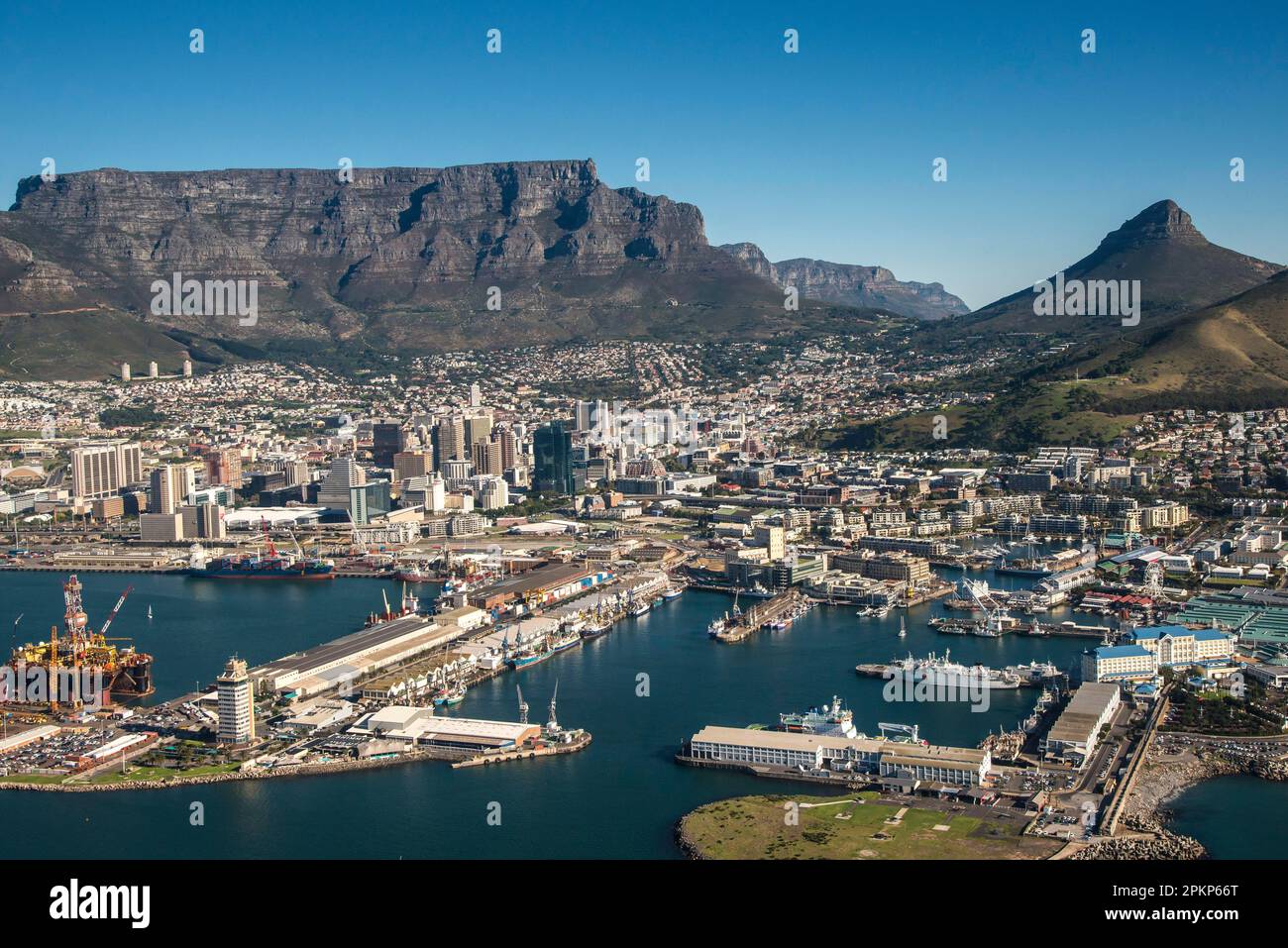 Aerial view, Cape Town with Harbour (Victoria) and Alfred Waterfront, Lionhead and Table Mountain, Cape Town, Western Cape, Republic of South Africa Stock Photo