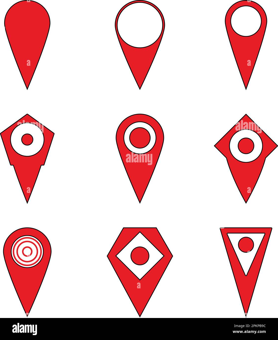 Pin location set, destination for travel and tourism, directions or guide route. Vector illustration. Map red marker, gps location pin, tourist app, c Stock Vector