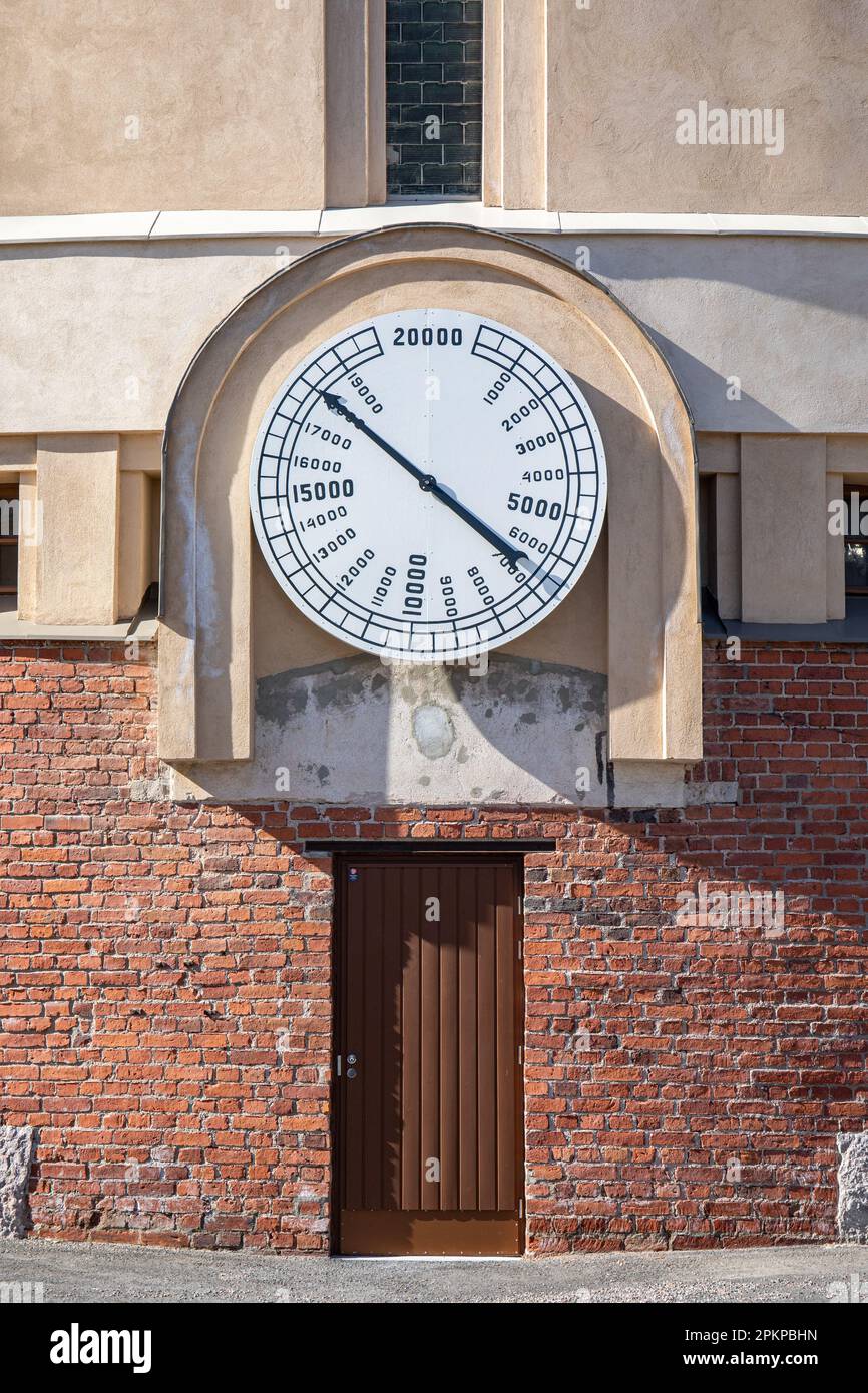 Renewed gasholder gauge in Suvilahti district of Helsinki, Finland Stock Photo