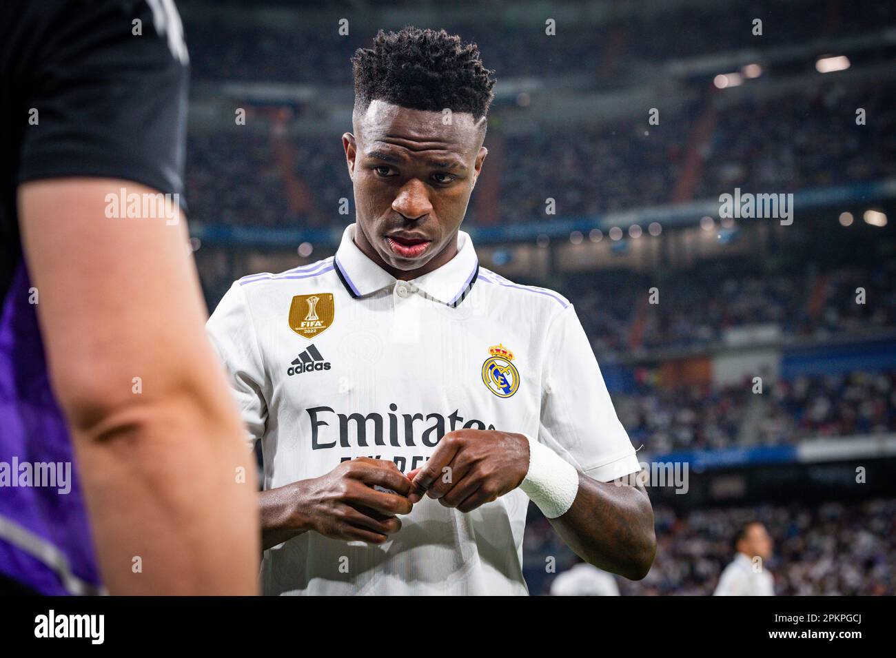April 8, 2023, Madrid, Spain: Vinicius Junior (Real Madrid) before the  football match between&#xA;Real Madrid and Villareal&#xA;valid for the  match day 28 of the Spanish first division league Ã¢â‚¬Å“La LigaÃ¢â‚¬Â  celebrated in