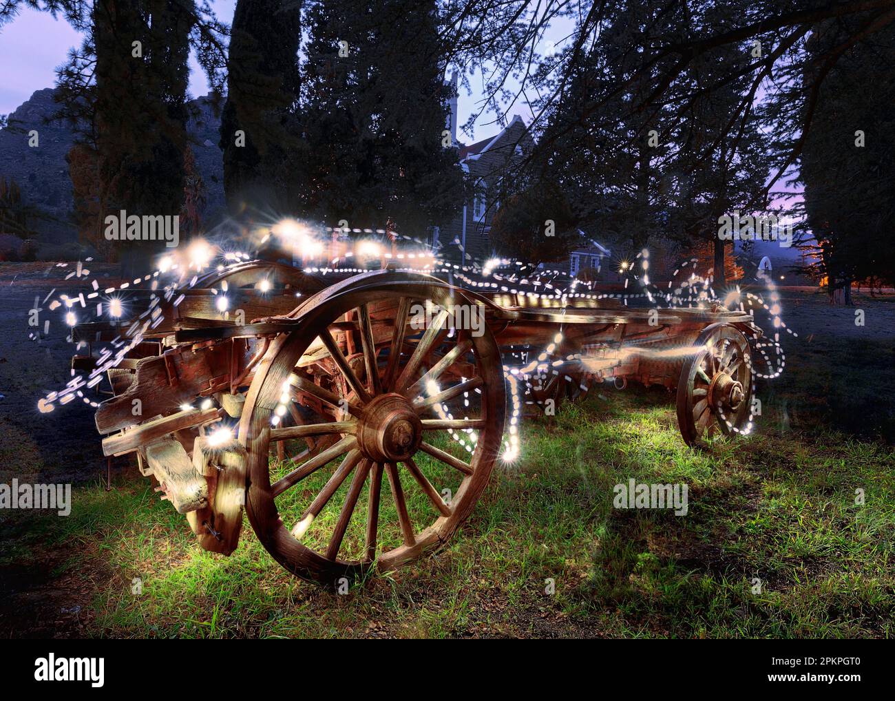 An old transport wagon stands in the grounds of the Dutch Reformed Church in Lady Grey. Stock Photo
