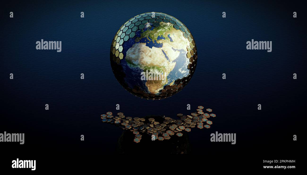 earth globe surrounded by a protective shield from which parts have broken off 3D Illustration