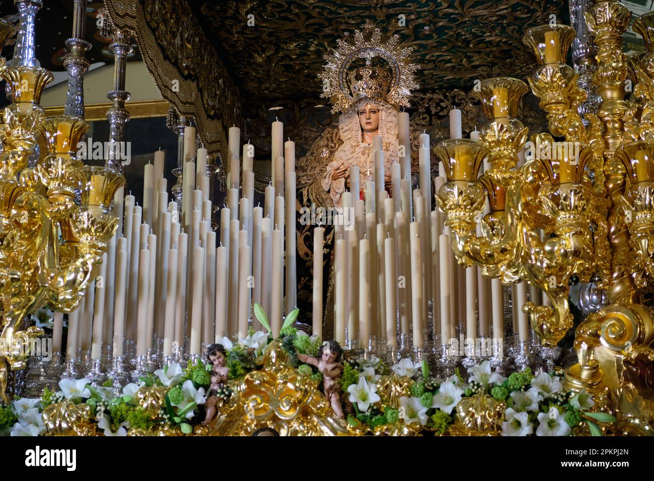 María Santísima de la Esperanza Coronada at Archicofradiía del paso y la  Esperanza. Easter 2023, Málaga, Spain. Stock Photo