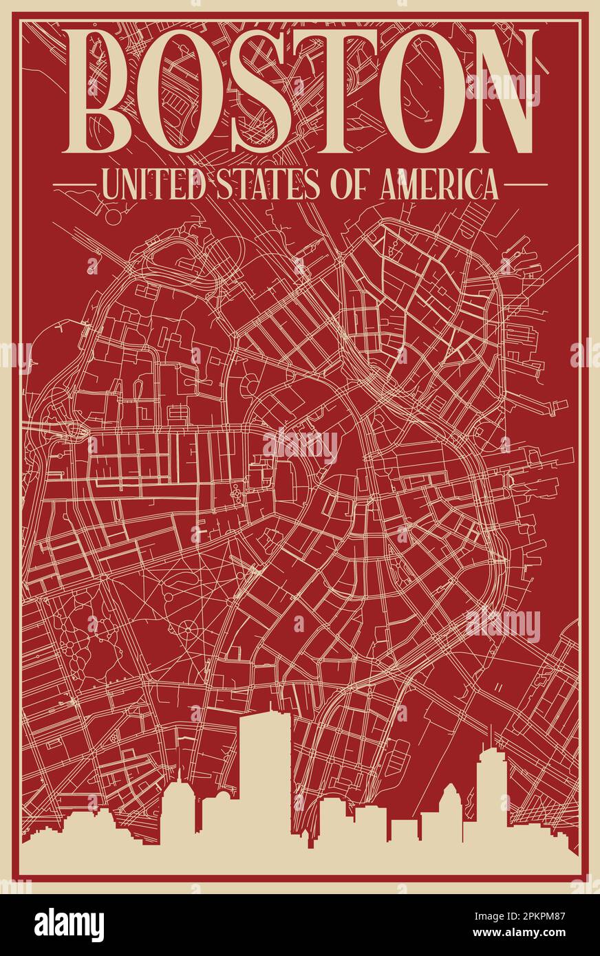 Road network poster of the downtown BOSTON, UNITED STATES OF AMERICA 