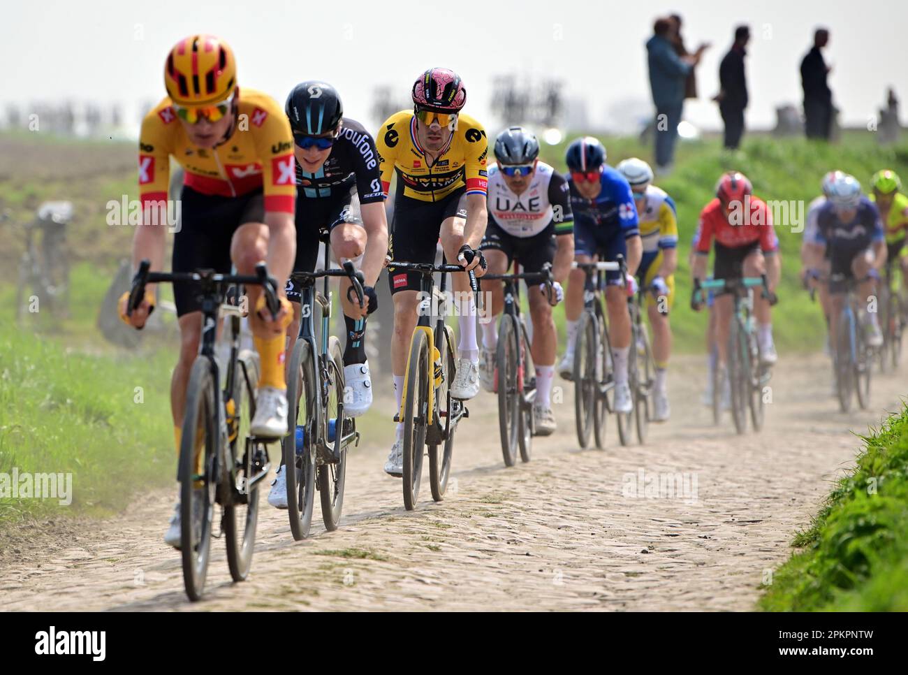 Roubaix, France. 09th Apr, 2023. Dutch Timo Roosen of Jumbo-Visma pictured in action during the men's elite race of the 'Paris-Roubaix' cycling event, 256,6km from Compiegne to Roubaix, France on Sunday 09 April 2023. BELGA PHOTO DIRK WAEM Credit: Belga News Agency/Alamy Live News Stock Photo