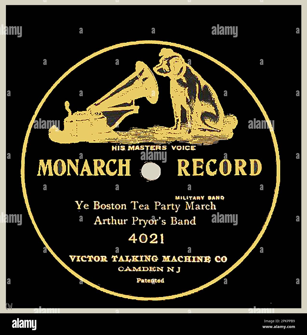 BOSTON TEA PARTY December 16, 1773 - A MONARCH RECORD ( HMV )   'Ye Boston Tea Party March' . The Boston Tea Party  was  an American political and mercantile protest against the Tea Act of  1773 which imposed a tea tax { Townshend Revenue Act)) but allowed the British East India Company tax  concessions for  its imported tea from China. A protest group known as the Sons of Liberty  (some disguised as  Indian tribesmen) destroyed an East India Company. cargo of tea by throwing tea chests from a number of ships into Boston Harbour.. The incident was the precursor  to the  American Revolution Stock Photo
